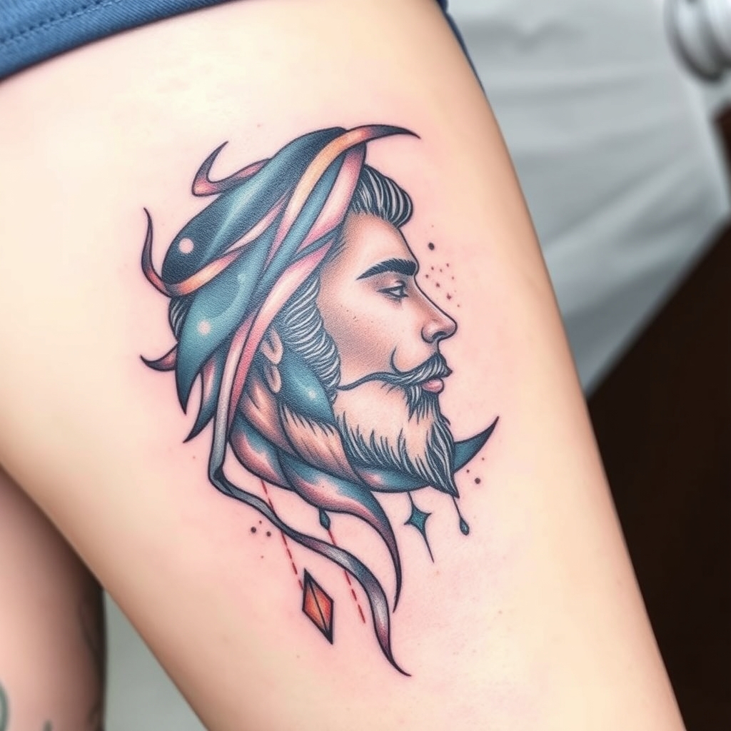 A tattoo design of ♋ cancer man june side of the moon 🌚 in the style of watercolor. - zodiac sign tattoo design generated by AI tattoo generator