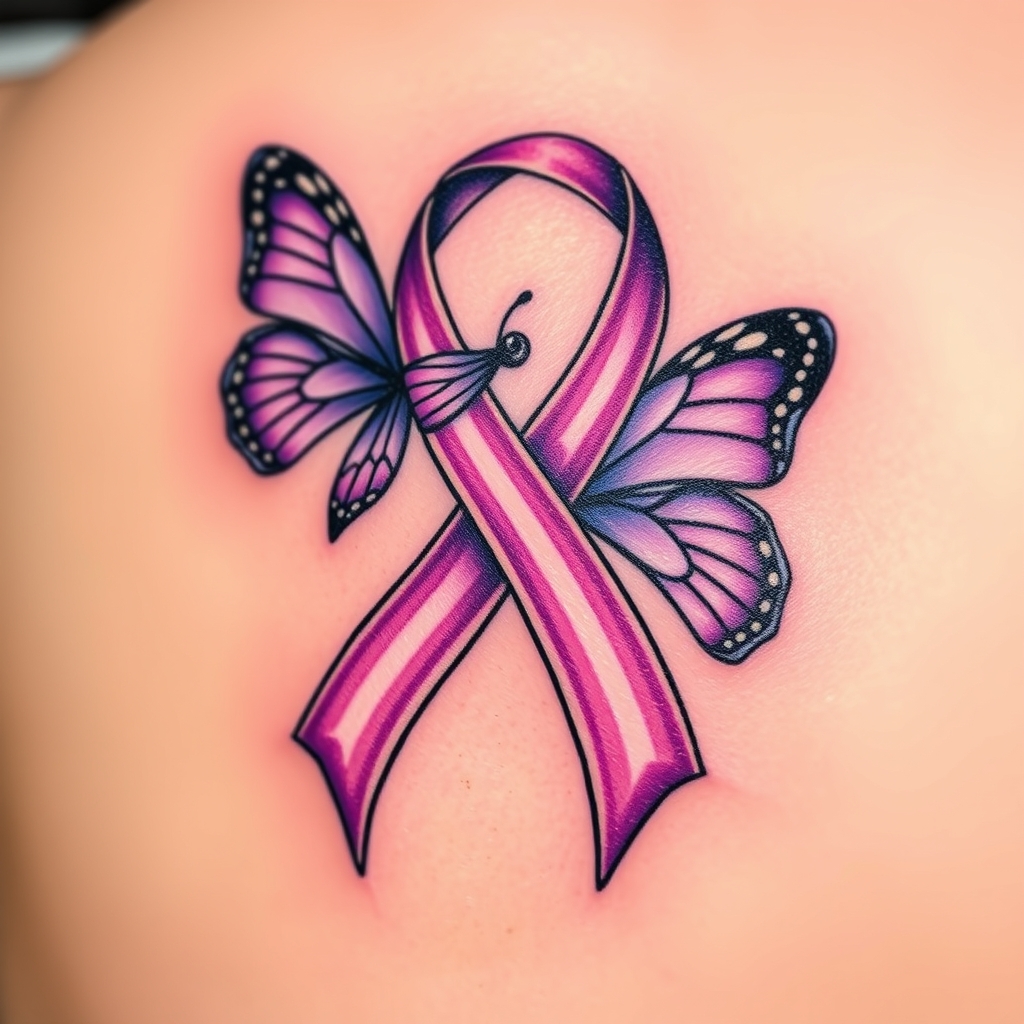 A tattoo design of Domestic violence ribbon awareness inclined together with a purple butterfly in the style of realistic. - domestic violence awareness tattoo design generated by AI tattoo generator