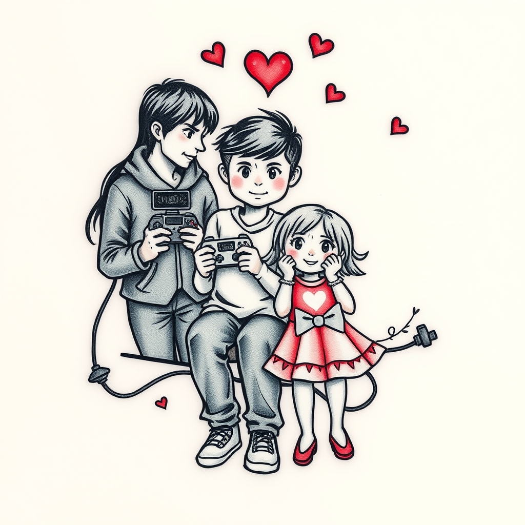 A tattoo design of Video games love family 1 wife 2 boys 1 girl  in the style of surrealistic. - family tattoo design generated by AI tattoo generator