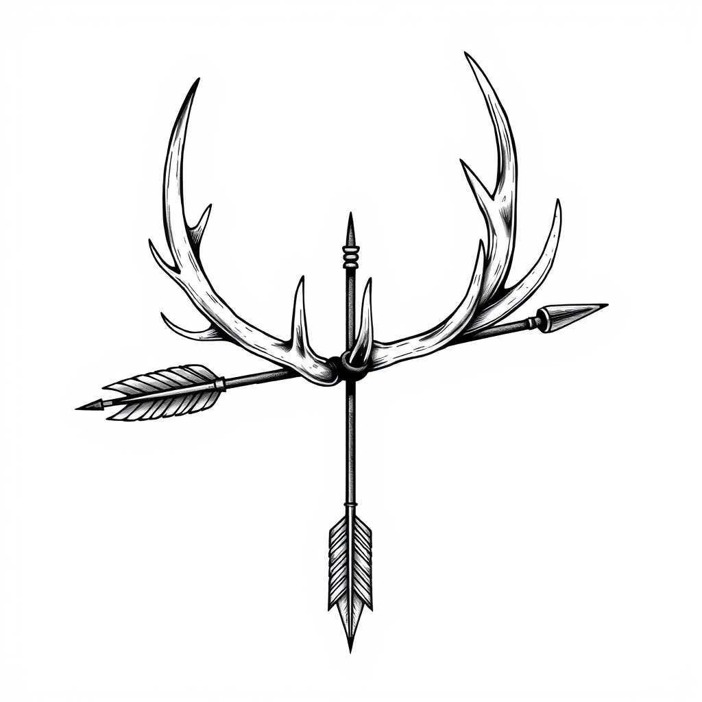 A tattoo design of 1 elk antler wrapped around 1 arrow in the style of realistic. - wildlife hunting tattoo design generated by AI tattoo generator