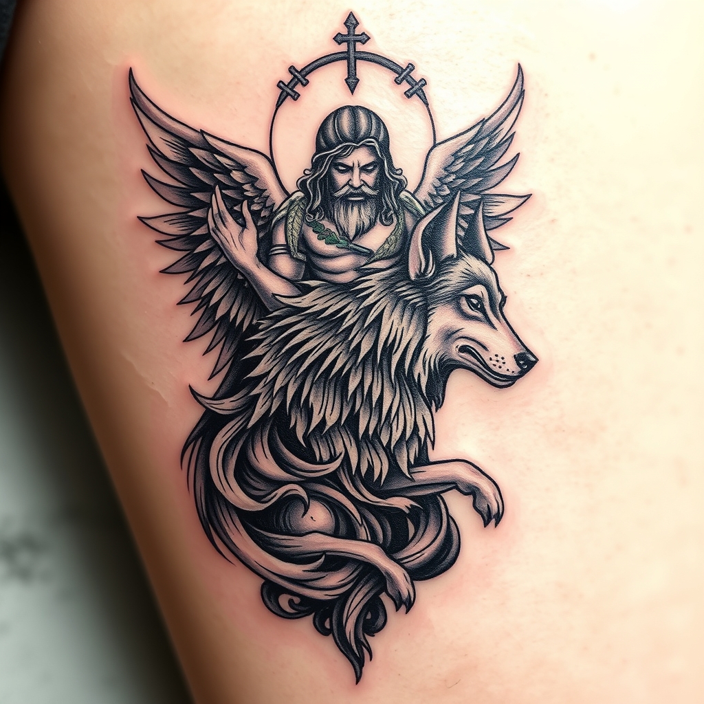 A tattoo design of Protected by God and Wolf in the style of surrealistic. - spiritual symbol tattoo design generated by AI tattoo generator
