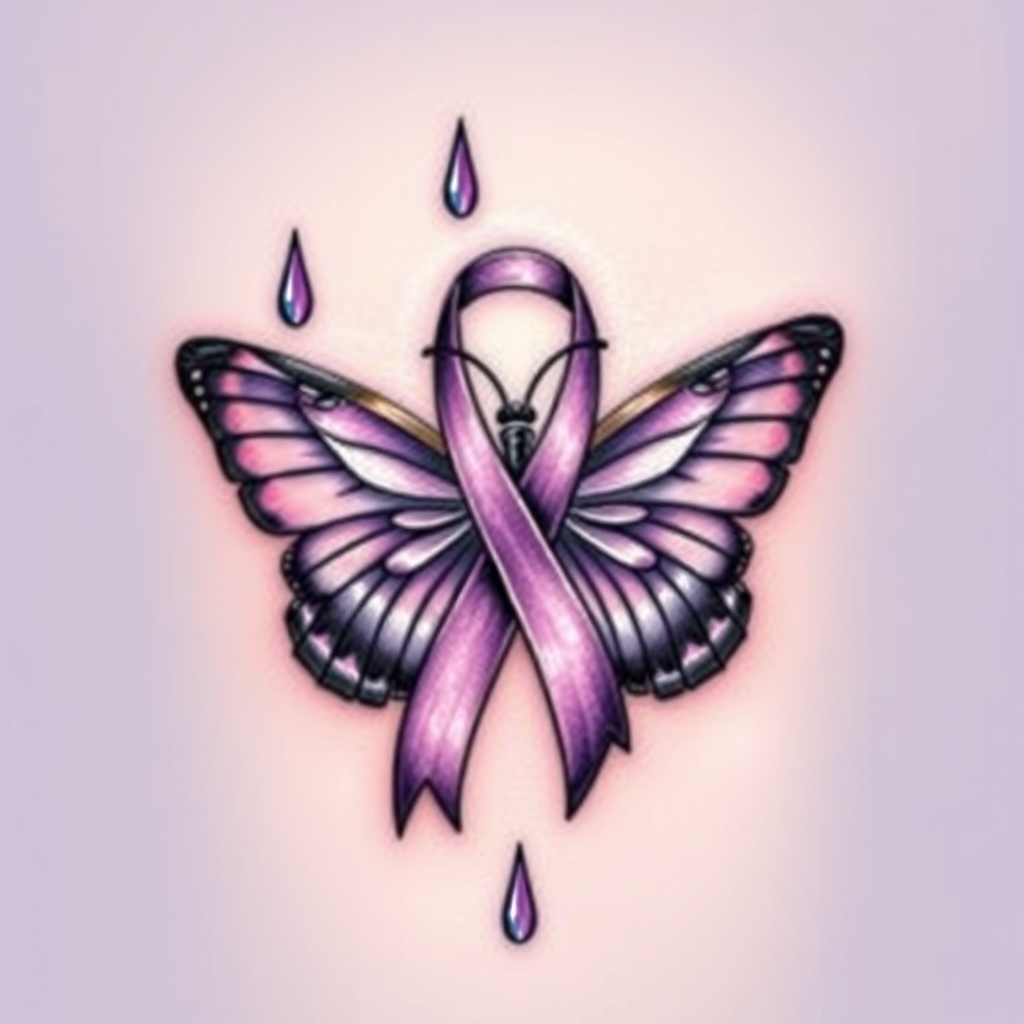 A tattoo design of  crying with the domestic awareness ribbon with a purple butterfly entwined together in the style of realistic. - mental health awareness tattoo design generated by AI tattoo generator