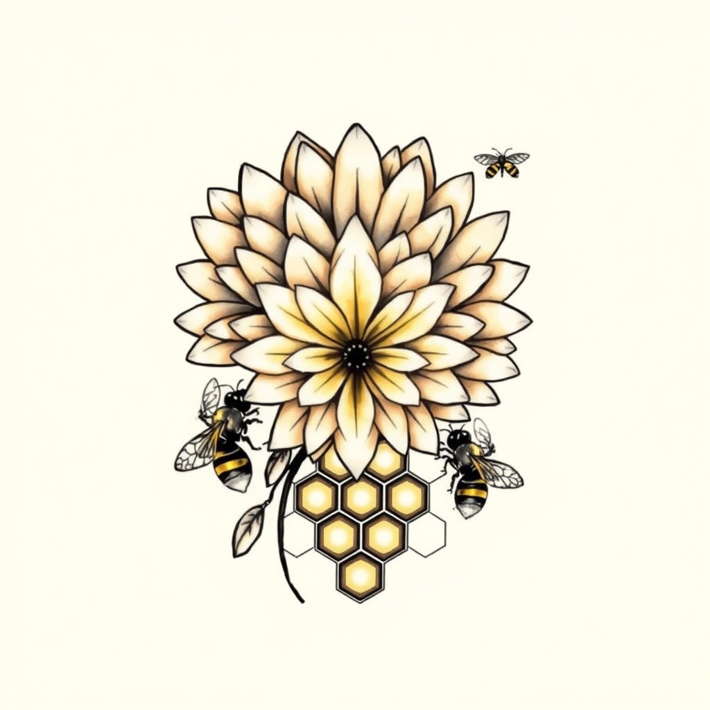 A tattoo design of Chrysanthemum flower, the word Chrysanthemum, bees, honeycomb  in the style of geometric. - flowers and insects tattoo design generated by AI tattoo generator
