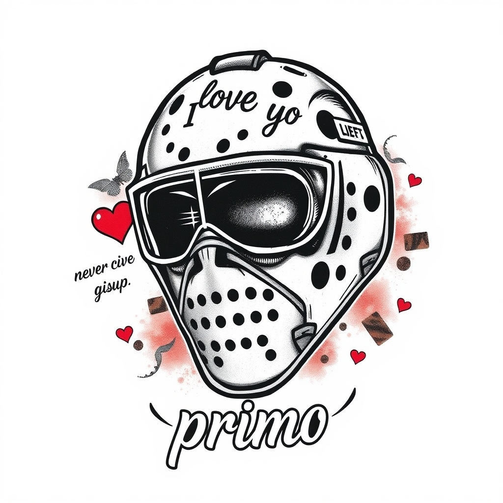 A tattoo design of Bernie parent goalie mask with the phrase " I love you" " never give up " and the name " primo " in the style of realistic. - bernies parent tattoo design generated by AI tattoo generator
