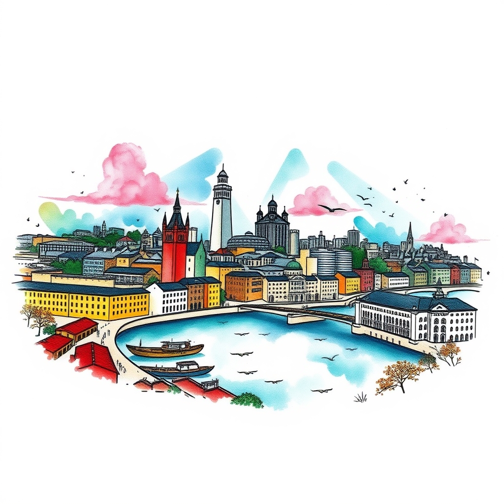 A tattoo design of Liverpool city landscape in the style of watercolor. - city landscape tattoo design generated by AI tattoo generator