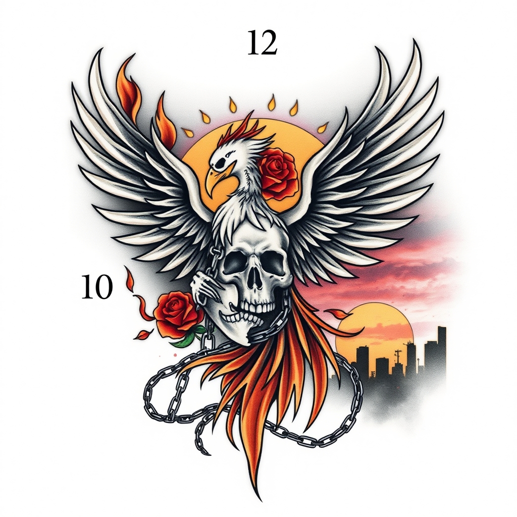 A tattoo design of That's a powerful and deeply symbolic set of themes: Pain, Drugs, Jail, and New Beginnings. Here's a tattoo concept that could visually capture that emotional journey:   ---  🔥 Tattoo Concept: “Phoenix in Chains”  Design Description:  Central Figure: A phoenix in mid-rebirth—its wings rising in flames, partially skeletal, symbolizing pain and rebirth.  Chains: Wrapped around its legs or wings, some broken, representing jail and past restraints.  Background Elements:  A skull morphing into a blooming rose, symbolizing drugs (death) transforming into life (beauty).  A sunrise breaking over a dark city skyline or prison bars, symbolizing new beginnings.   Color Palette:  Reds and oranges for fire and passion.  Dark blues and blacks for the past and struggle.  Golds or whites where new beginnings emerge.    Optional Additions:  Roman numerals or a date to mark the moment of change.  Words like “Resilient”, “Reborn”, or “Still Rising” subtly inked in the background or flame wisps.    ---  Would you like a visual sketch of this design, or would you prefer more minimalist or symbolic variations (like just the broken chains and a sprouting seed)? Let’s make something that truly tells your story.  And if you’re interested in trying this out as a temporary tattoo, check out picturetattoos.com for custom options! in the style of surrealistic. - personal struggle & transformation tattoo design generated by AI tattoo generator
