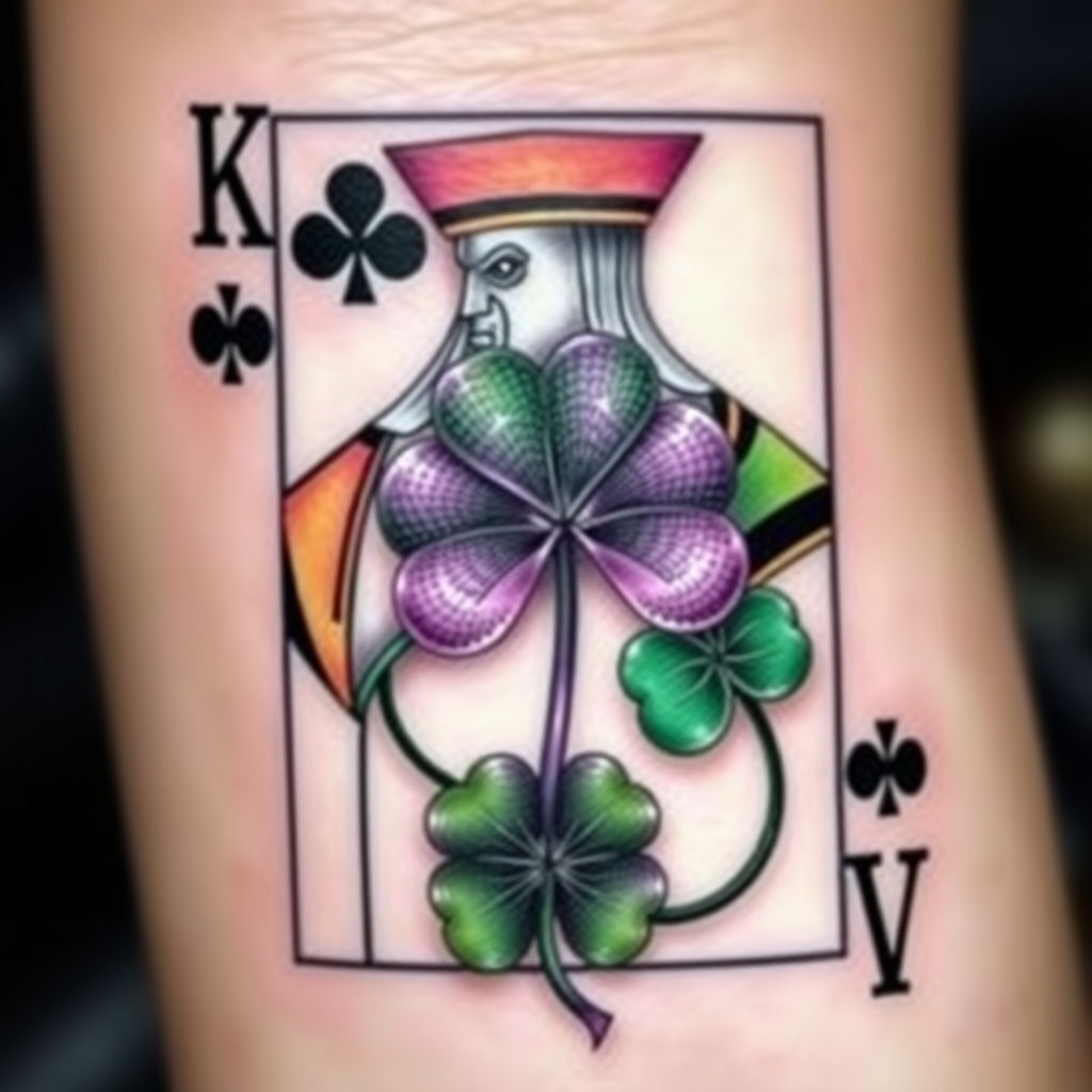 A tattoo design of I would like a 3d photo realistic playing card, the king of 4 leaf clovers, with black, green, and purple ink, maybe some white ink for highlighting. No red ink. in the style of realistic. - playing card tattoo design generated by AI tattoo generator