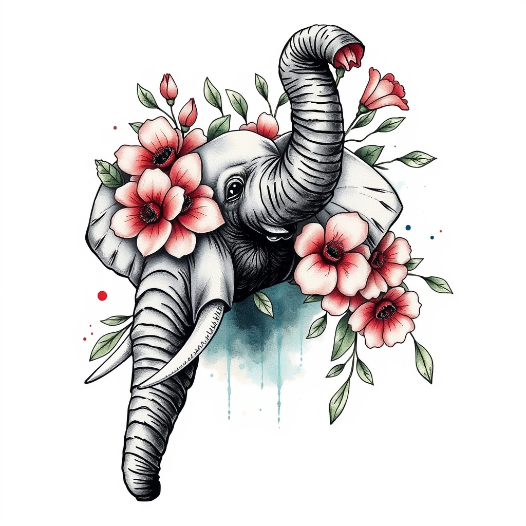 A tattoo design of elephant with trunk pointing up with flowers in the style of watercolor. - animal tattoo design generated by AI tattoo generator