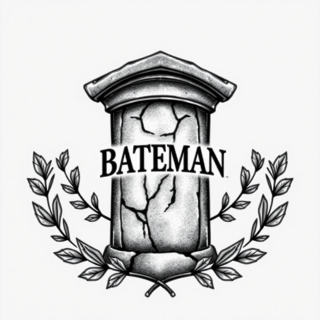 A tattoo design of A stone pillar or badge-shaped crest engraved with the surname "BATEMAN" in bold serif or gothic lettering, symbolizing strength and honor.  Framed with oak leaves in the style of realistic. - family crest tattoo design generated by AI tattoo generator