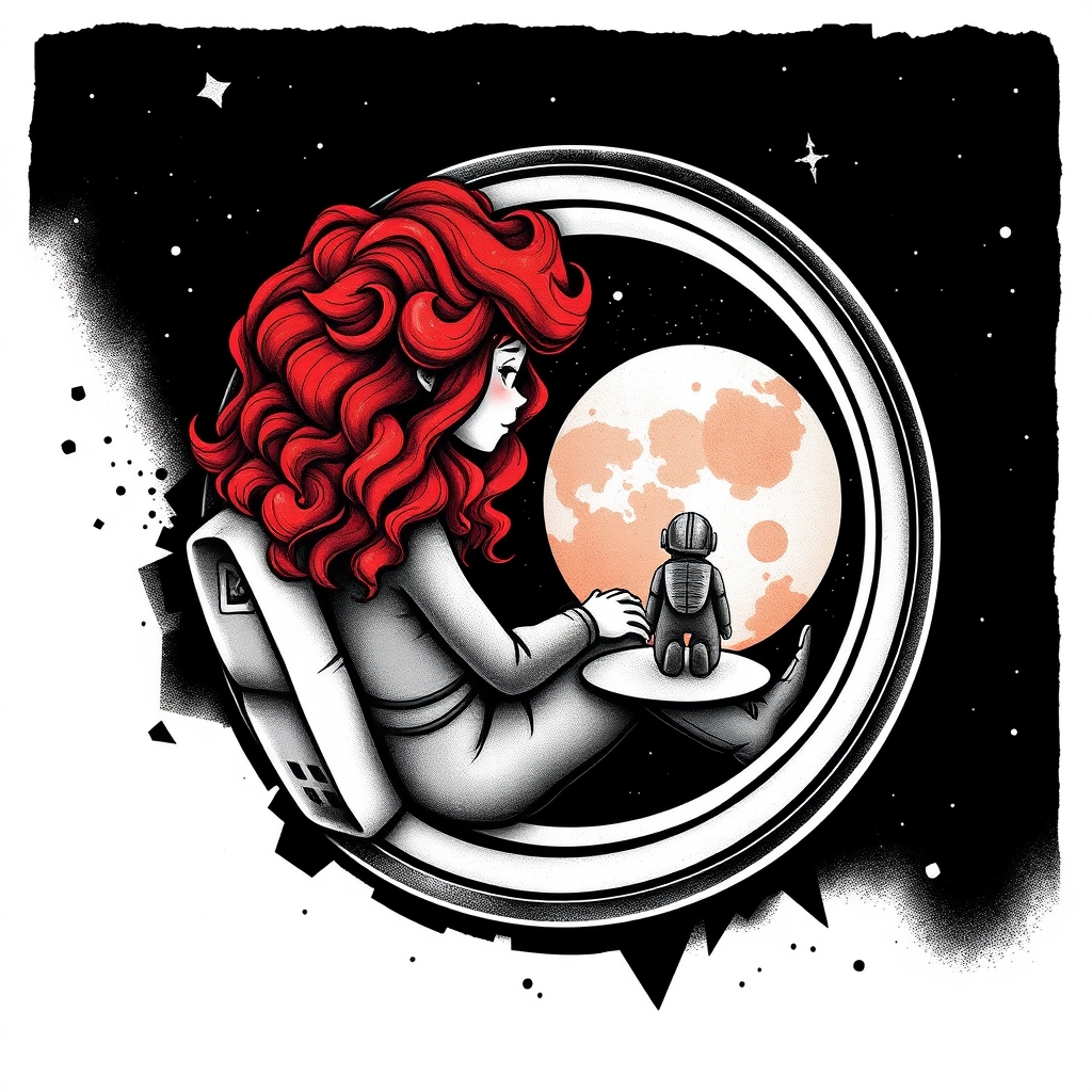 A tattoo design of Black and grey style. Redhead girl with curly hair sitting in a small space capsule alone. Floating through space with nothing to keep her company but a thing red ruby which she keeps on the small table by the porthole window. They are both sitting by the window peering out on an unknown planet. in the style of geometric. - space travel tattoo design generated by AI tattoo generator