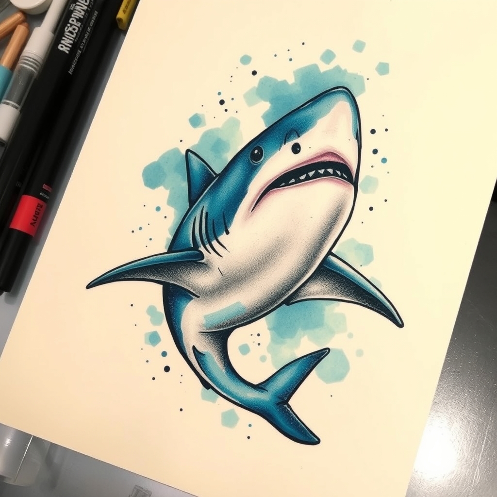 A tattoo design of A great white shark in the style of watercolor. - marine life tattoo design generated by AI tattoo generator