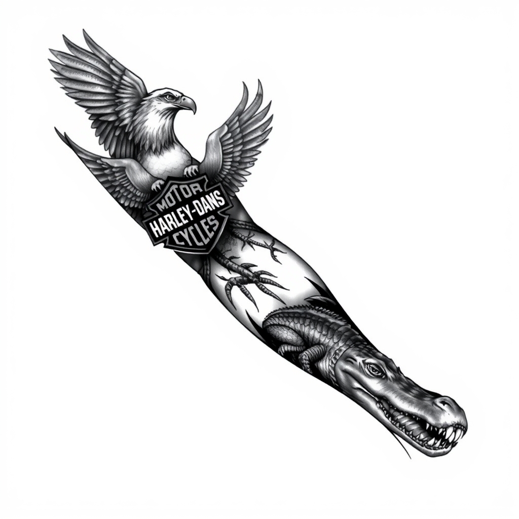 A tattoo design of Right arm full sleeve with the upper containing Harley Davidson theme with eagles mixed with the lower of Florida swamp theme with alligator in the style of realistic. - motorcycle wildlife tattoo design generated by AI tattoo generator