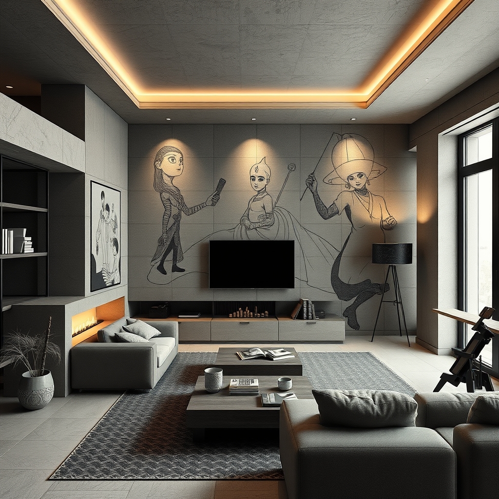 A tattoo design of A livingroom in Yerevan ,Armenian brutalism, by Alessio Albi in the style of japanese. - architecture tattoo design generated by AI tattoo generator
