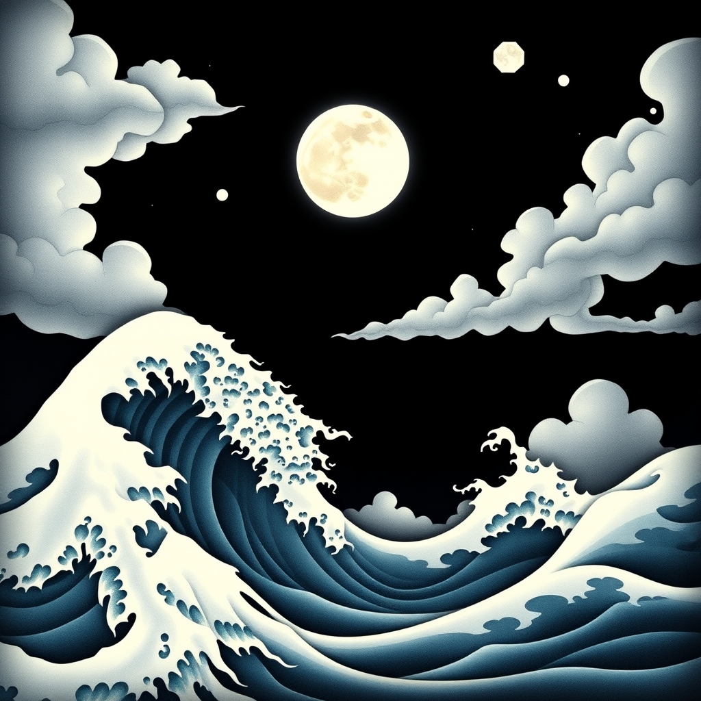 A tattoo design of Elegant Japanese style ocean waves, meets mc escher in a night scene with the white glowing, with geometric glowing hexagram shaped planets in the sky moon , halfway full, the pale light splashing on the clouds that swirl mimicking the waves and the waves mimic the steady wind in the style of minimalist. - ocean waves tattoo design generated by AI tattoo generator