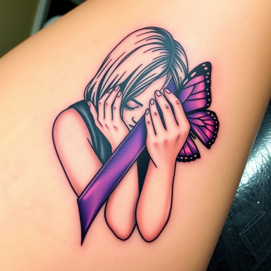 A tattoo design of Domestic violence ribbon awareness inclined together with a purple butterfly as a women hunched over her hands overing her face in the style of abstract. - domestic violence awareness tattoo design generated by AI tattoo generator
