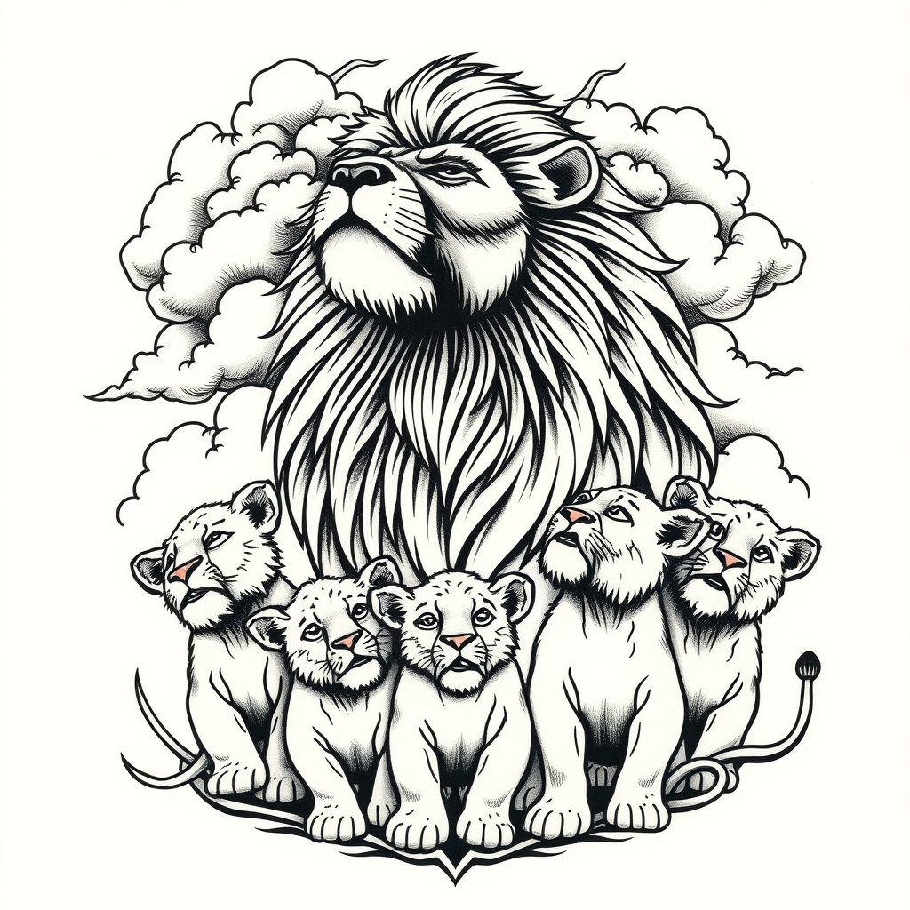 A tattoo design of Grandpa Lion in the clouds looking down on his lion son and his 6 lion cubs  in the style of tribal. - family scene tattoo design generated by AI tattoo generator