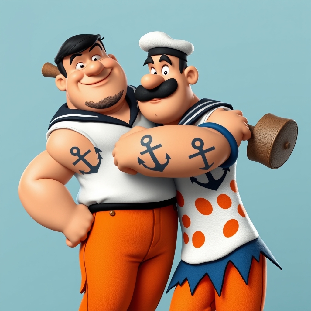 A tattoo design of Character & Pose Fred’s Iconic Build + Popeye’s Physique: Fred Flintstone’s round, amiable face—complete with his trademark stubble—is built on Popeye’s muscular frame, especially that legendary forearm power. Anchor Tattoo: Boldly inked on his forearm: Popeye’s classic anchor, seamlessly integrated into Fred’s rugged square-shouldered silhouette. Pose: Leaning casual and confident against Fred’s prehistoric club, angled slightly — suggesting a moment of rest after some mighty feats in Bedrock. Attire + Color Palette Popeye’s Sailor Outfit in Flintstone Hues: Shirt: Popeye’s white sailor shirt—reimagined in Fred’s signature orange-leopard pattern edged with Flintstone-style black jagged trim. Pants: Classic Popeye blue sailor trousers, but dyed in a rich Flintstone orange shade to match the shirt, trimmed black. Hat: Popeye's white cap, but the bill is stone-carved and slightly chipped for prehistoric flair. Props Club (Leaning On): A big, chunky stone club with vein-like cracks—clear Bedrock craftsmanship. Spinach Can (In Hand): A rock-hewn can labeled “Spinach” in a bold chiseled font, a vivid green leaf peeking out. --- 🖌️ Art Style Suggestions Neo‑Traditional / American Traditional Style: Clean, bold outlines (think thick black lines around character). A palette that’s bright but grounded: Flintstone orange, Popeye blue, leafy spinach green, stone-gray for props. Shading with stippling or classic Americana style for depth and texture. Color Balance: Orange-leopard pattern stays the dominant visual theme, grounding the design firmly in Fred's aesthetic—even as the sailor elements pop against it. in the style of traditional. - cartoon characters tattoo design generated by AI tattoo generator