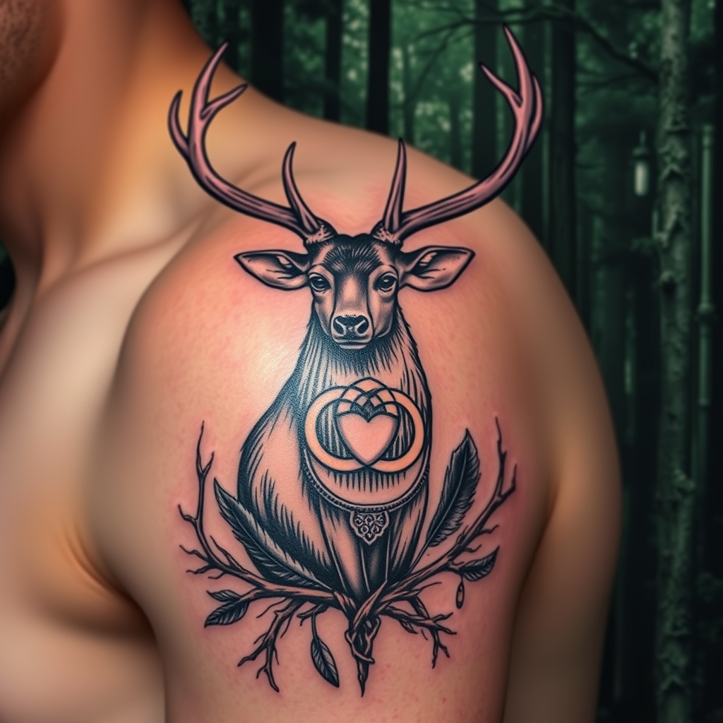 A tattoo design of Manly tattoo - A majestic Stag with Celtic symbolism - Triskeles and Claddagh rings and Celtic knots. Positioned in a dense Irish Forest. There is also some smaller details e.g. thorny branches, fallen feathers. looking to symbolise growth, and strength following periods of shame, regret and a mental health issues following a difficult time in my life. positioned on my shoulder in the style of realistic. - celtic symbolism tattoo design generated by AI tattoo generator