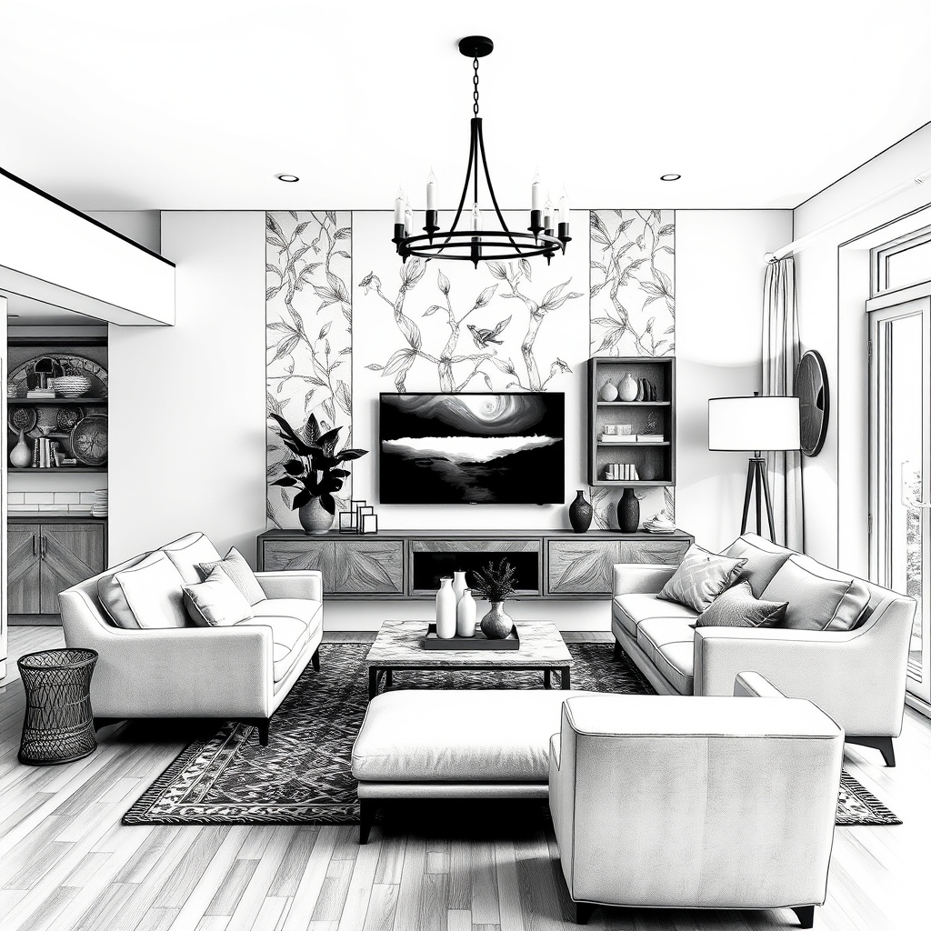 A tattoo design of A beautiful post modern livingroom in the style of blackwork. - interior design tattoo design generated by AI tattoo generator