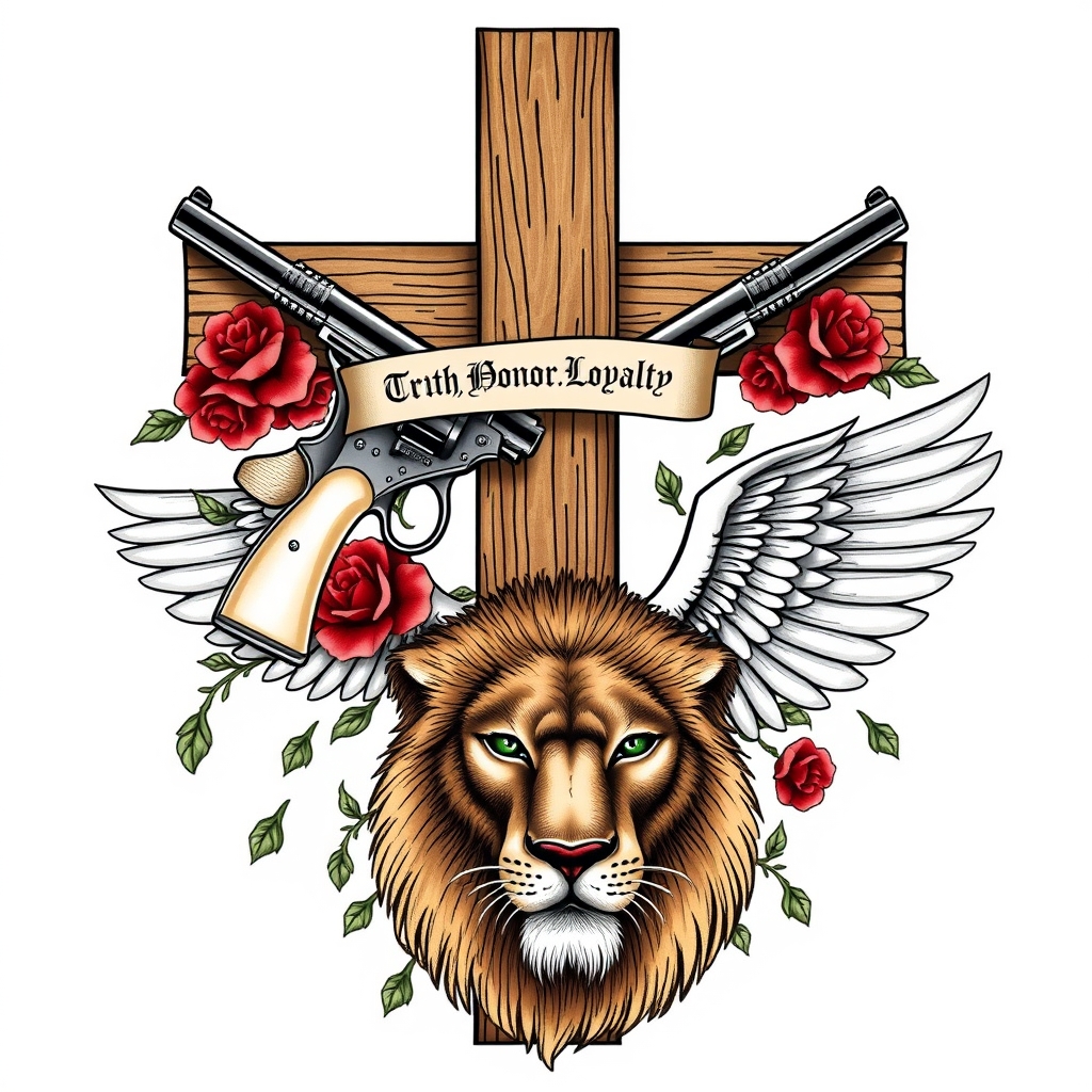 A tattoo design of A Large wooden Christian Cross with the words written in Latin (Truth, Honor, Loyalty) in a banner intertwined around the cross. 2 pearl-colored handle 1800's Colt 45 guns going diagonal across the back of the Cross with a vine of red roses wrapped around the cross and guns, and an White Eagles wings on a brown, gentle, green-eyed lion in the style of blackwork. - christian cross tattoo design generated by AI tattoo generator