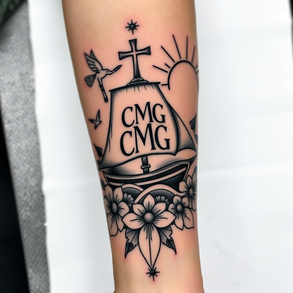 A tattoo design of Tattoo from wrist to elbow,  tropical, with a focus on the cross of salvation, a sailing ship with the initials cmg on the main sail, other initials to be added are TLG and COG, with another focus on family, black and grey with some color, a dove and sun rays.  in the style of blackwork. - religion and sailing tattoo design generated by AI tattoo generator