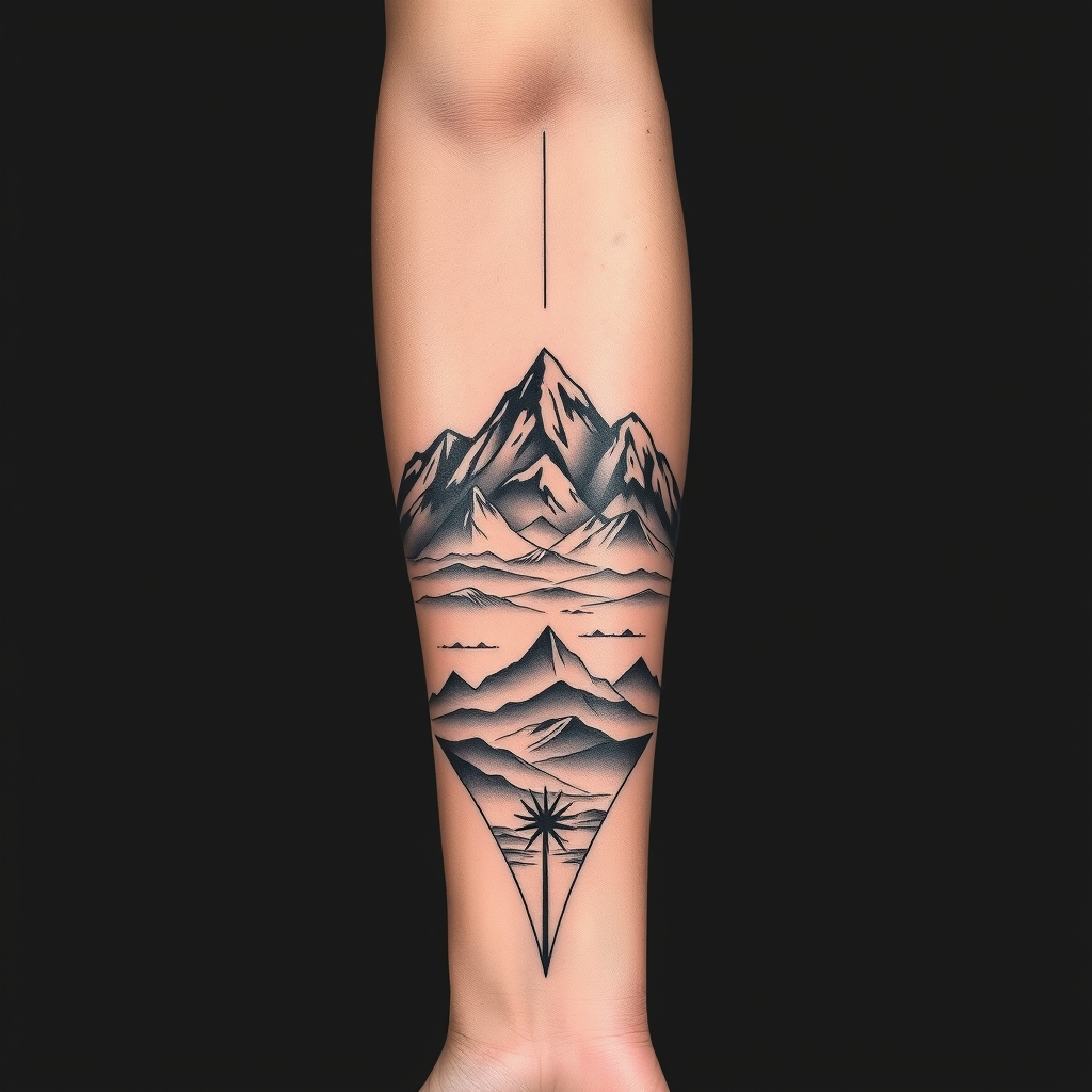 A tattoo design of Long Masculine peruvian tattoo for a forearm with mountains in the style of realistic. - mountains tattoo design generated by AI tattoo generator
