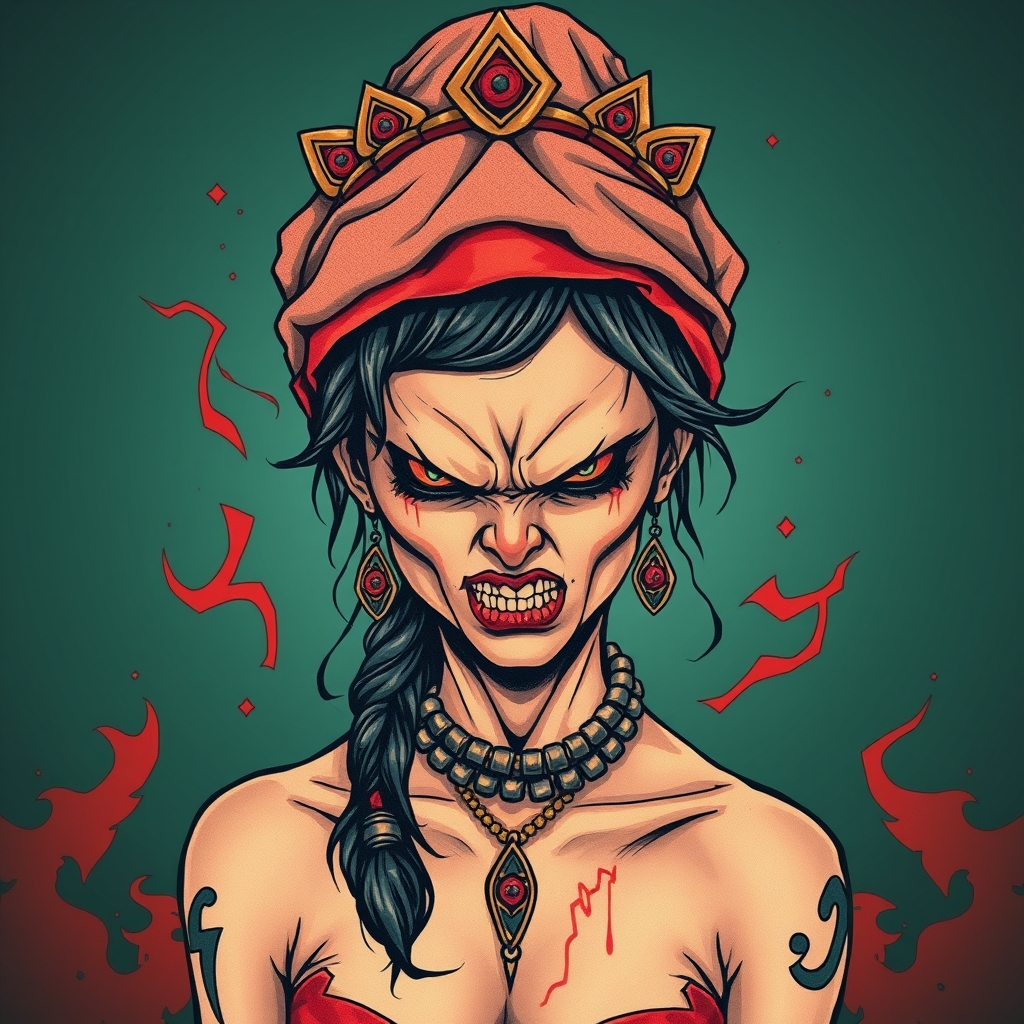 A tattoo design of Många girl who is angry in the style of surrealistic. - angry girl tattoo design generated by AI tattoo generator