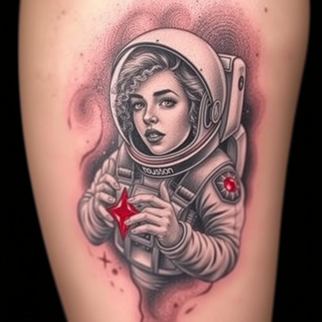 A tattoo design of Photorealistic black and grey space themed tattoo of light curly-haired female traveling through space. A bright red ruby, being the only color in yhe tattoo, shines red on her space suit. Include a Houston, Texas reference if possible.  in the style of surrealistic. - space travel tattoo design generated by AI tattoo generator
