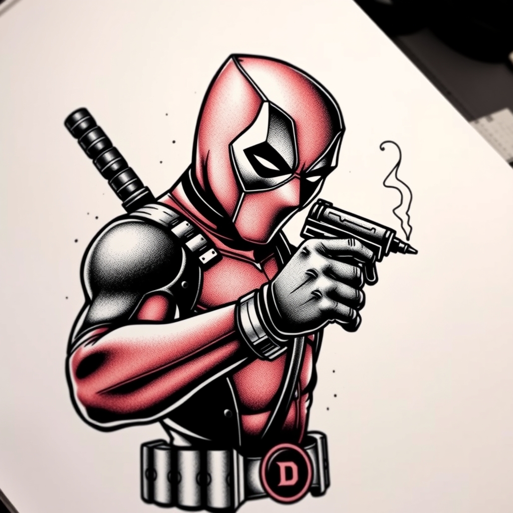 A tattoo design of Deadpool holding a tattooing gun finishing tattooing the D, Oz and Kyle  in the style of blackwork. - deadpool comic character tattoo design generated by AI tattoo generator