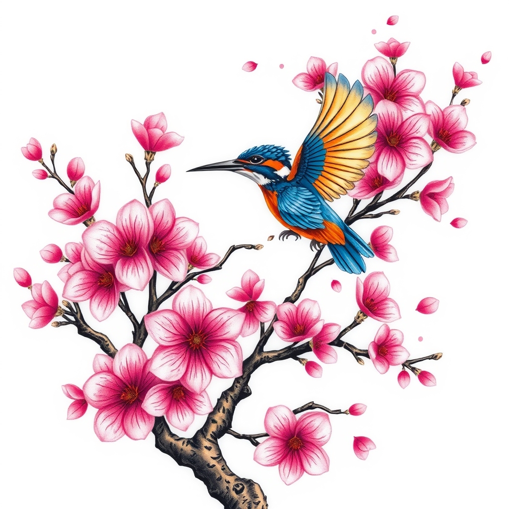 A tattoo design of Pink cherry blossom tree with flying blue and orange kingfisher in the style of abstract. - nature tattoo design generated by AI tattoo generator