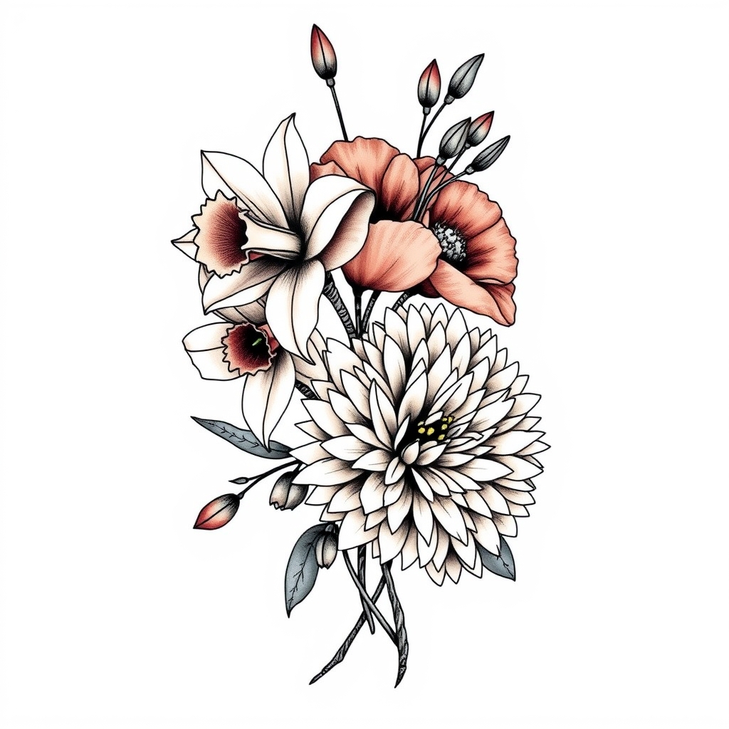 A tattoo design of Daffodils poppies and chrysanthemum intertwined flowers in the style of realistic. - floral design tattoo design generated by AI tattoo generator