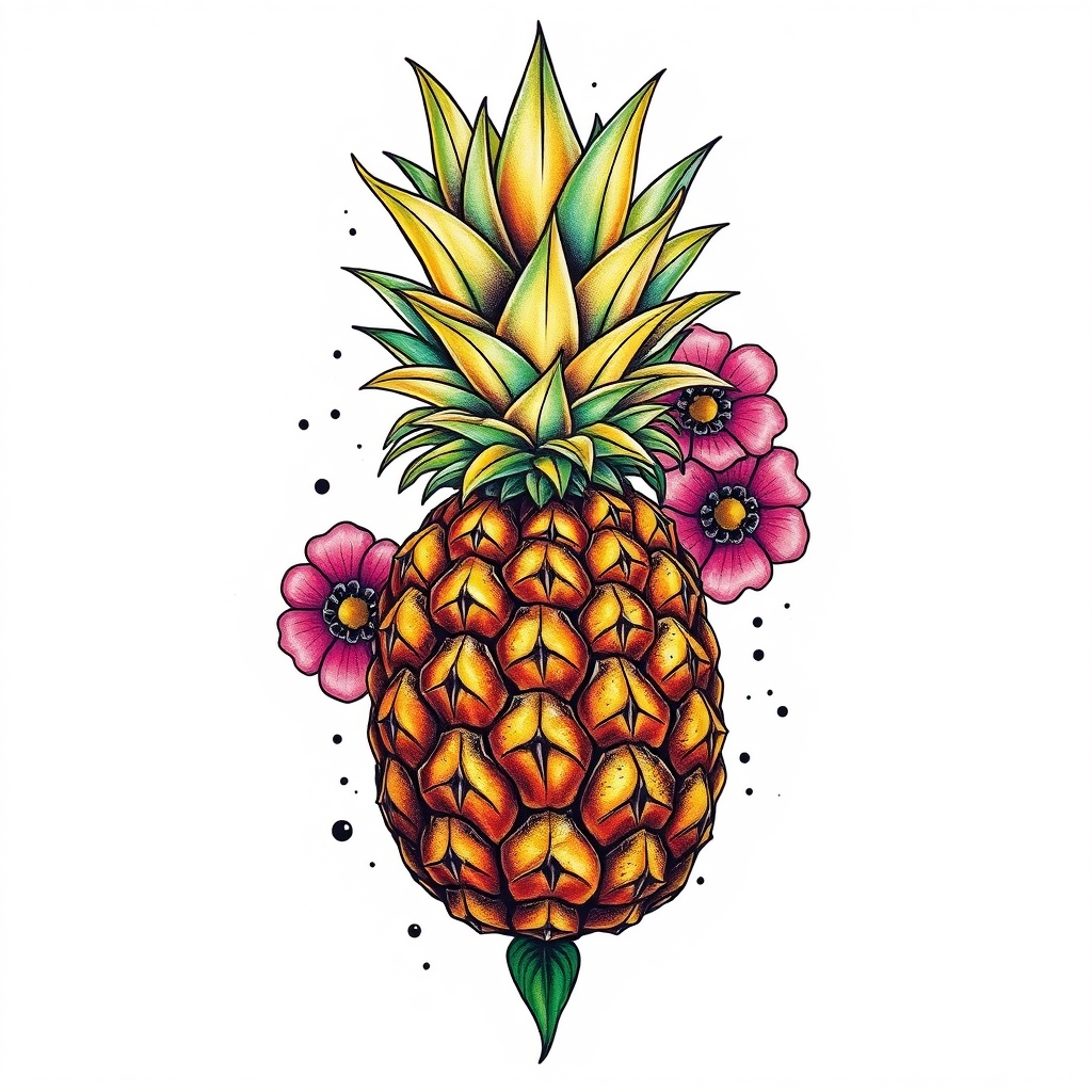 A tattoo design of pineapple full color in the style of surrealistic. - fruit tattoo design generated by AI tattoo generator