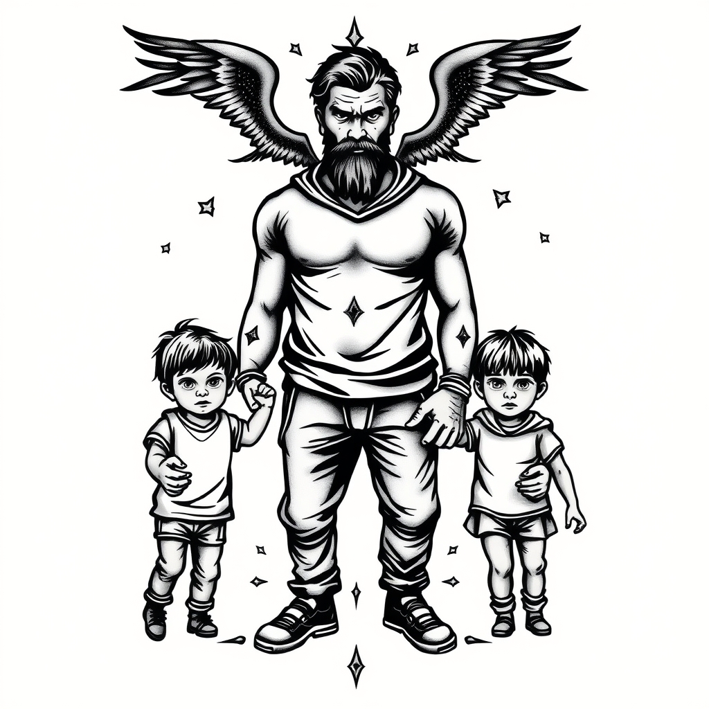 A tattoo design of A father protecting his 3 kids in the style of blackwork. - family protection tattoo design generated by AI tattoo generator