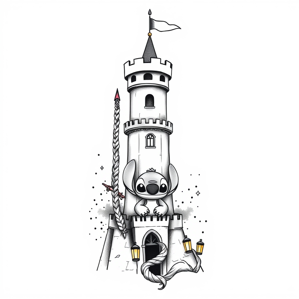A tattoo design of 🏰 Capoclan Castello (linee clean)                 |||||||||||||||||||               / Torre + Rapunzel braid che scende             /          [  Sketch lanterns in aria a sinistra e destra ]                 splash acquerello sfumato attorno         Stitch (1/3 height castle, in primo piano)              (sguardo → alto)          o--- palloncino-topo (filo curvo) in the style of realistic. - castle design tattoo design generated by AI tattoo generator