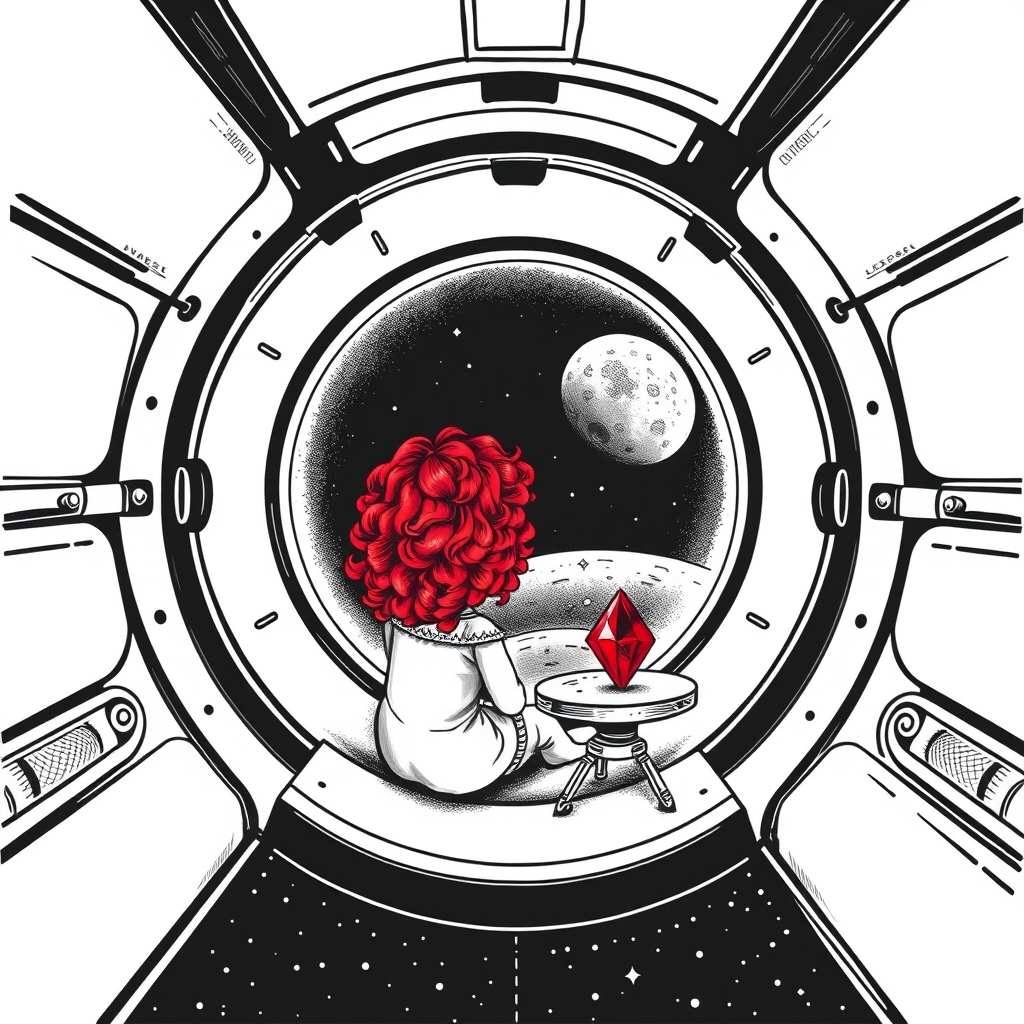 A tattoo design of Black and grey style. Redhead girl with curly hair sitting in a small space capsule alone. Floating through space with nothing to keep her company but a thing red ruby which she keeps on the small table by the porthole window. They are both sitting by the window peering out on an unknown planet. in the style of traditional. - space travel tattoo design generated by AI tattoo generator