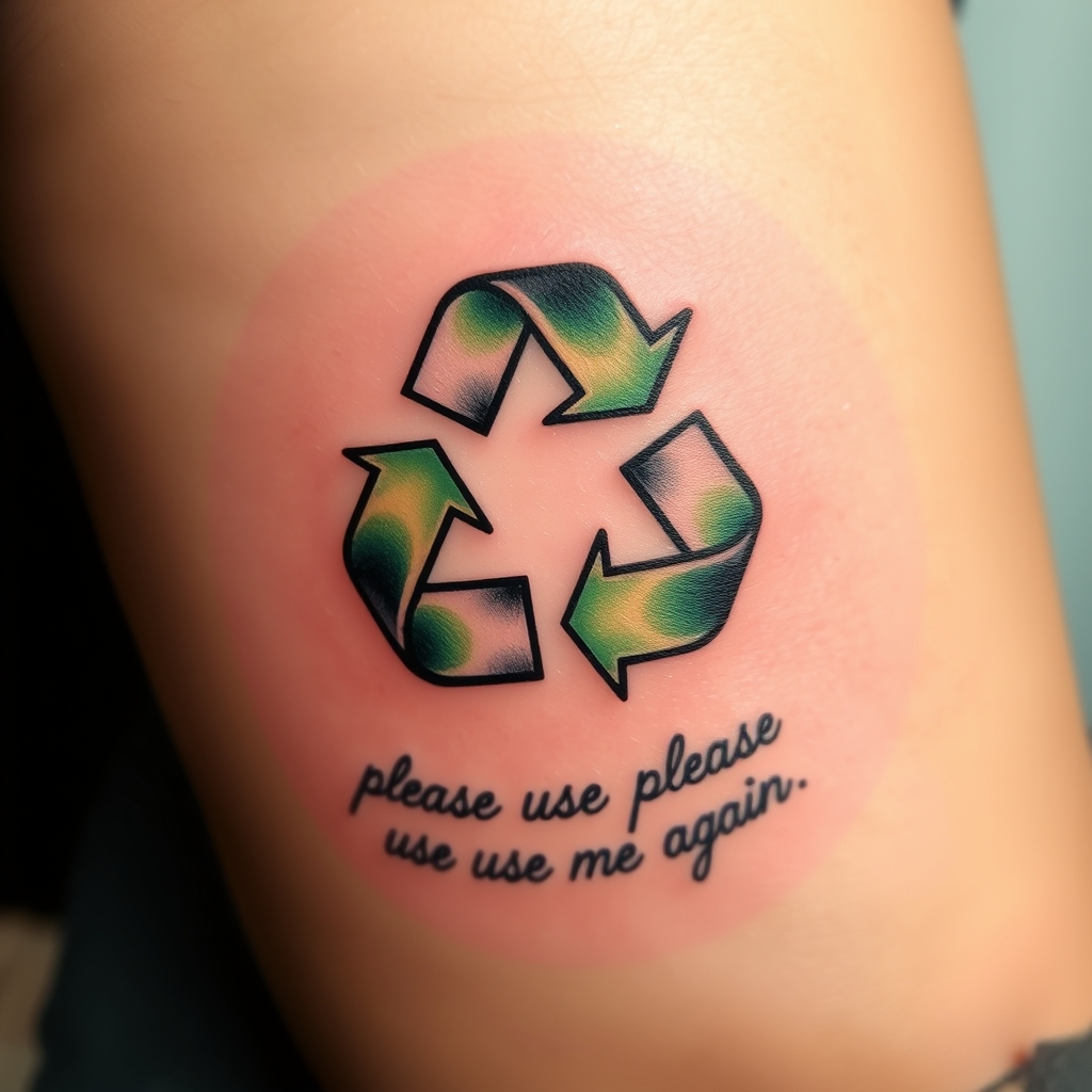 A tattoo design of a "waste recycle" simbol with a "please use me again symbol underneath in the style of realistic. - recycling symbol tattoo design generated by AI tattoo generator