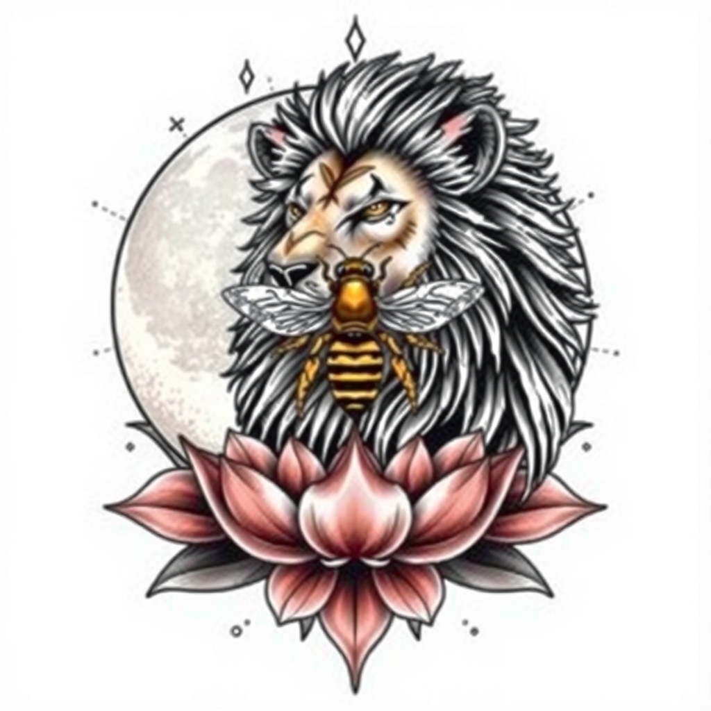 A tattoo design of Lion, bee, moon, lotus in the style of surrealistic. - animals symbols tattoo design generated by AI tattoo generator