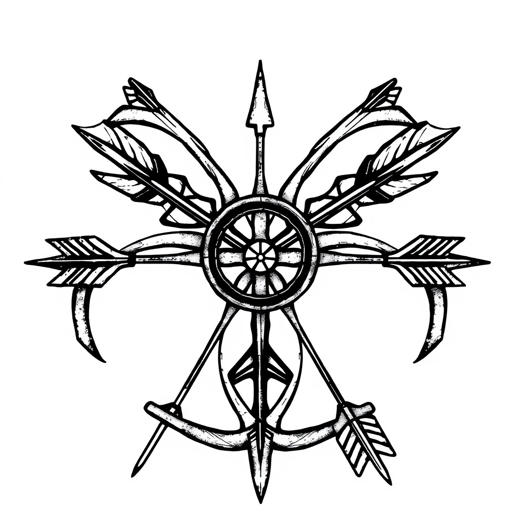 A tattoo design of a triskelion made from three interlocking bows and arrowsr in the style of blackwork. - celtic symbol tattoo design generated by AI tattoo generator