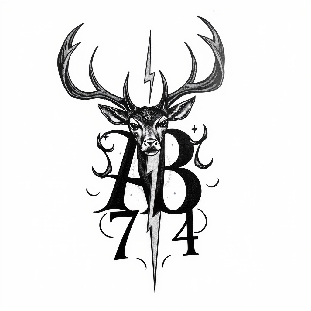 A tattoo design of Initials AB with lighting bolt deer antlers 74 in the style of realistic. - initials tattoo design generated by AI tattoo generator