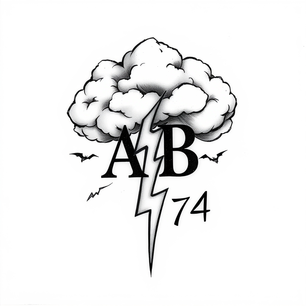 A tattoo design of Initials AB cloud and lightning bolt 74 in the style of realistic. - initials and symbols tattoo design generated by AI tattoo generator