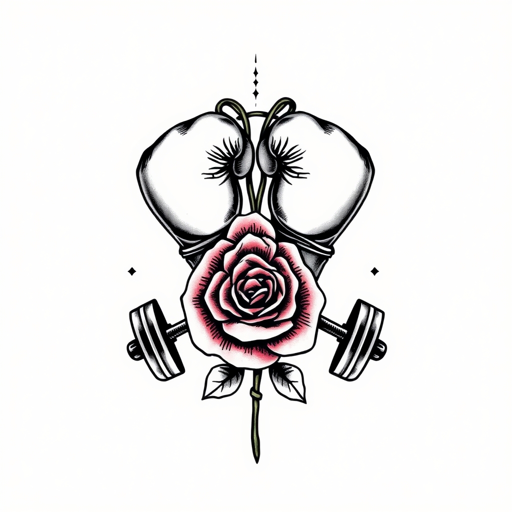 A tattoo design of A pair of boxing gloves, a barbell, and a rose in the style of realistic. - sports and fitness tattoo design generated by AI tattoo generator