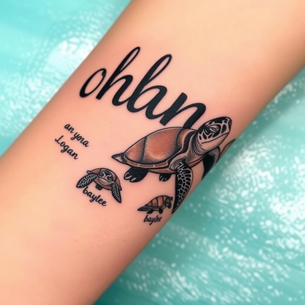 A tattoo design of A momma sea turtle swimming toward the word ohana with 3 baby sea turtles following behind in a stream of water with the names Ana Logan and baylee by the baby sea turtles. The baby sea turtles looking like Finding Nemo sea turtles tattoo for forearm in the style of realistic. - sea turtles tattoo design generated by AI tattoo generator