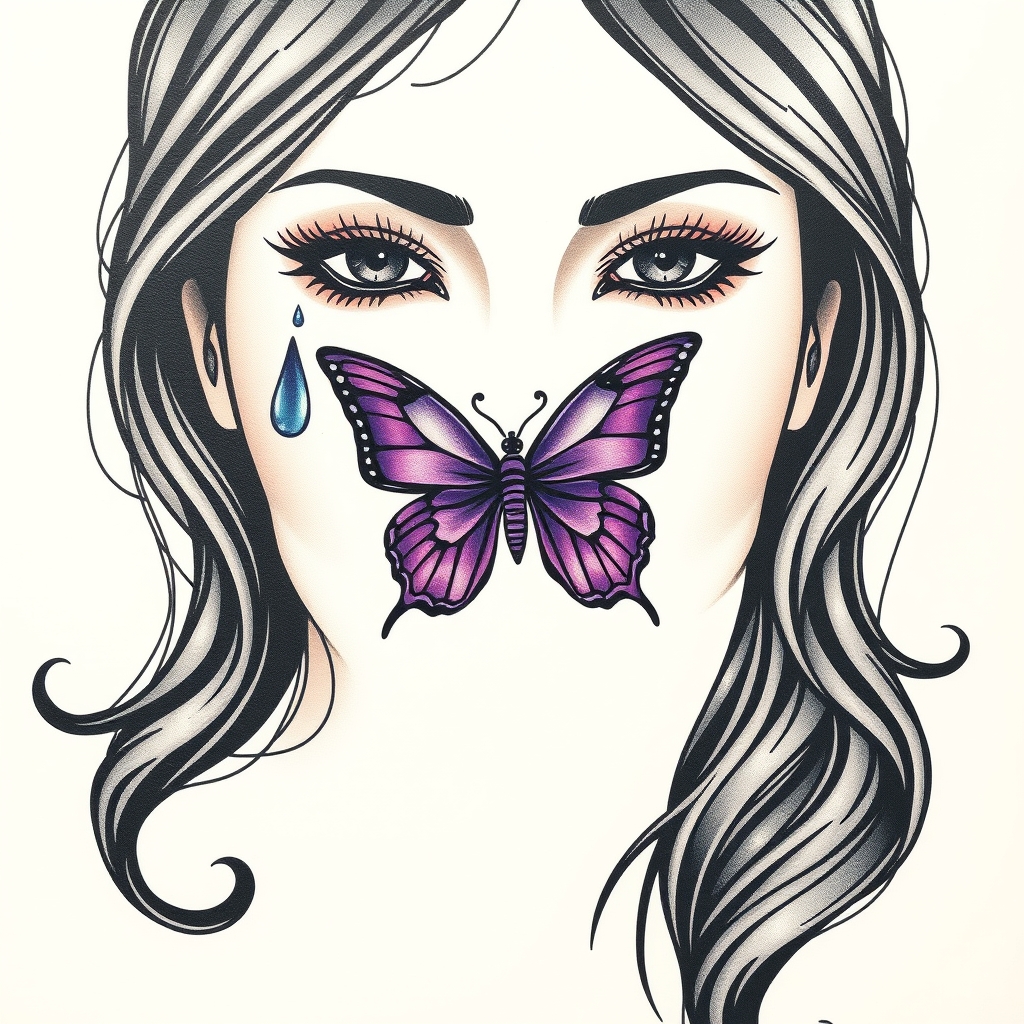 A tattoo design of A tear running down a woman's face with a domestic violence ribbon and a purple butterfly entwined together in the style of traditional. - domestic violence awareness tattoo design generated by AI tattoo generator