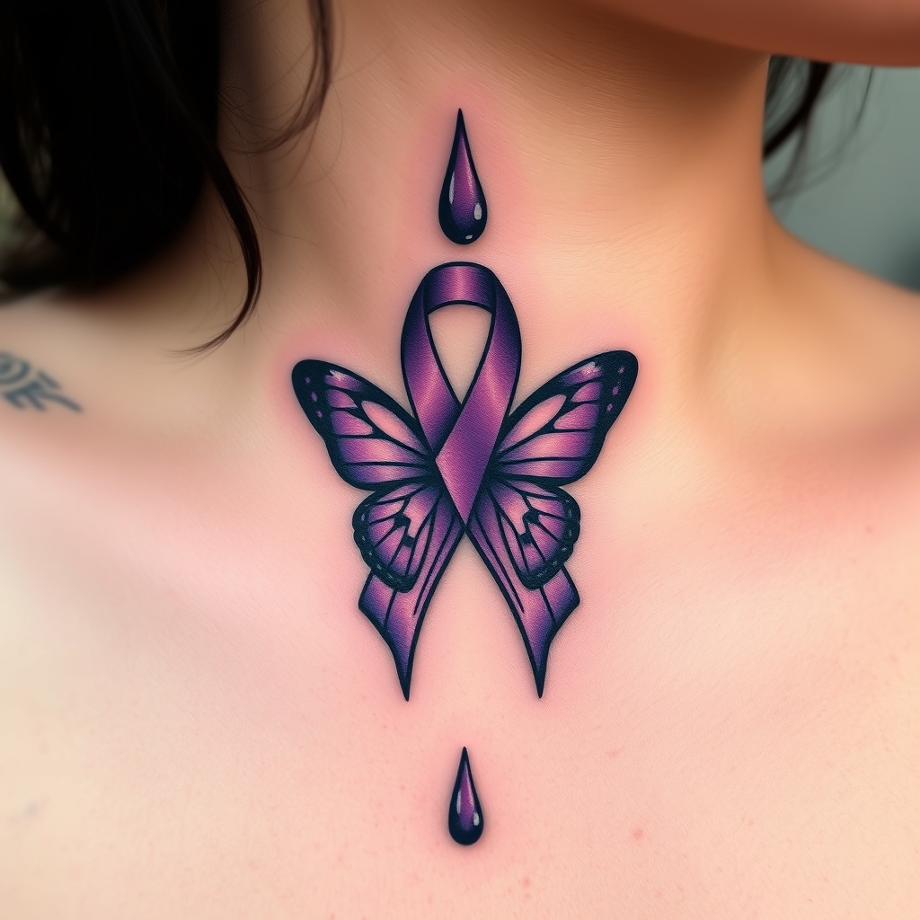 A tattoo design of A tear running down a woman's face with a domestic violence ribbon and a purple butterfly entwined together in the style of minimalist. - domestic violence awareness tattoo design generated by AI tattoo generator