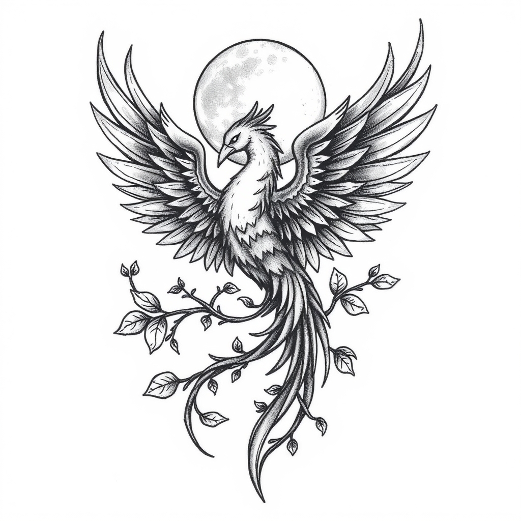 A tattoo design of Phoenix with moon and vines intertwined in the style of realistic. - mythical creature tattoo design generated by AI tattoo generator