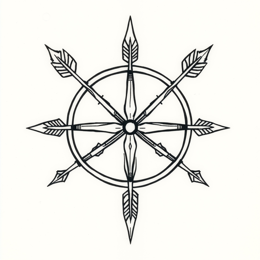 A tattoo design of a triskelion made from three interlocking bows and arrowsr in the style of japanese. - celtic symbol tattoo design generated by AI tattoo generator