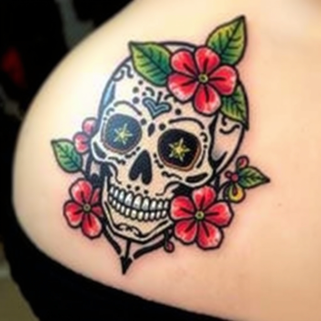 A tattoo design of Sugar Skullsurrounded by small multicolor hibiscus flowers in the style of geometric. - sugar skull tattoo design generated by AI tattoo generator