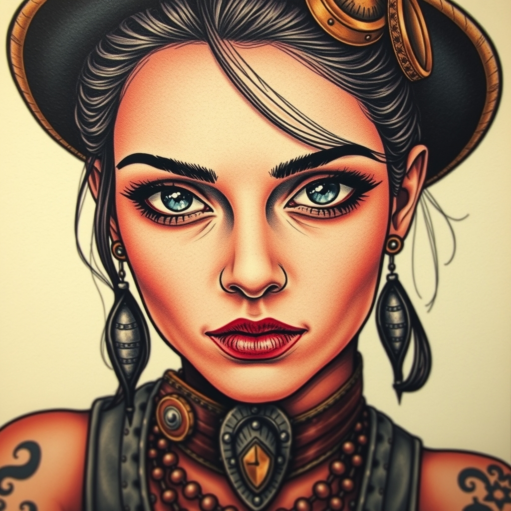 A tattoo design of Steampunk serious girl in the style of realistic. - steampunk tattoo design generated by AI tattoo generator