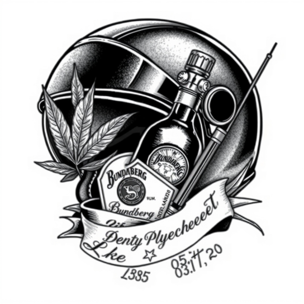 A tattoo design of A motorcycle helmet with a weed leaf, Bundaberg rum bottle and a fishing rod incorporated into the wrap of the helmet. I want the tatto black and grey with a dash of colour on the rum bottle. A tribute saying Luke 25.01.85 - 03.07.20 in the style of surrealistic. - motorcycle helmet memorial tattoo design generated by AI tattoo generator