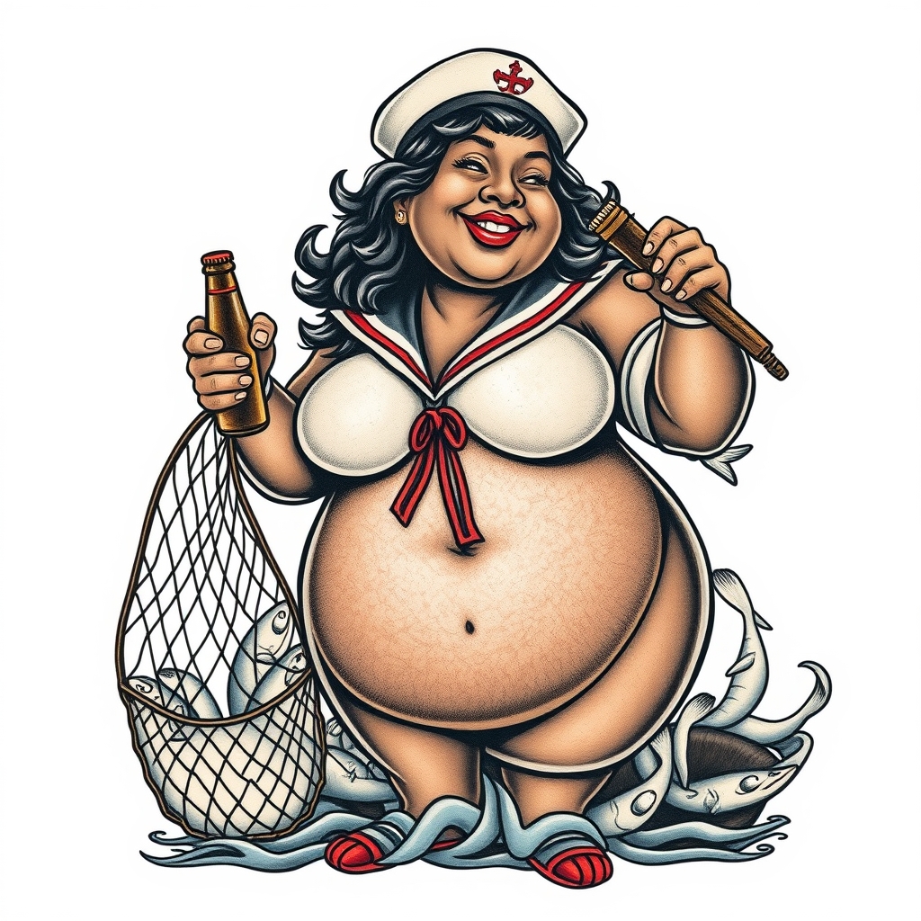 A tattoo design of An obese dark black woman winking with large bottom in a sailor outfit with a beer bottle hauling a net full of fish sailor jerry style in the style of traditional. - sailor jerry style tattoo tattoo design generated by AI tattoo generator